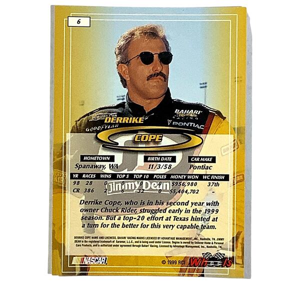 Derrike Cope, Sponsor: Jimmy Dean, Card 6, 1999 Wheels NASCAR Winston Cup, NM+ - Picture 3 of 4